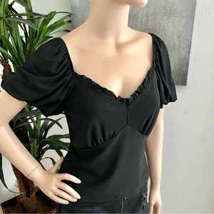 kit + sky Black Party Top with Puff Short Sleeves & Ruffle Neckline Trim